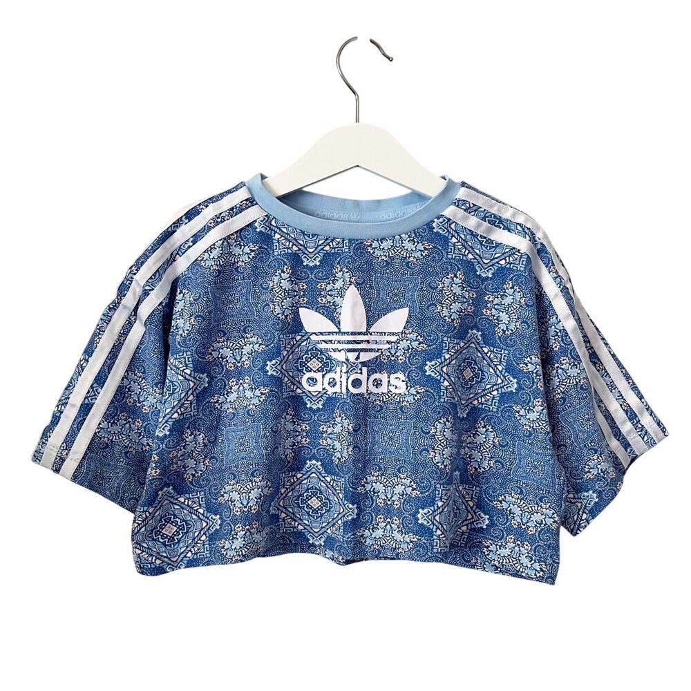 adidas Blue Paisley Cropped Tee with White Logo and Stripes